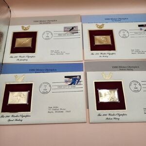 4 1980 Winter Olympics Stamps Gold Replica First Day of Issue